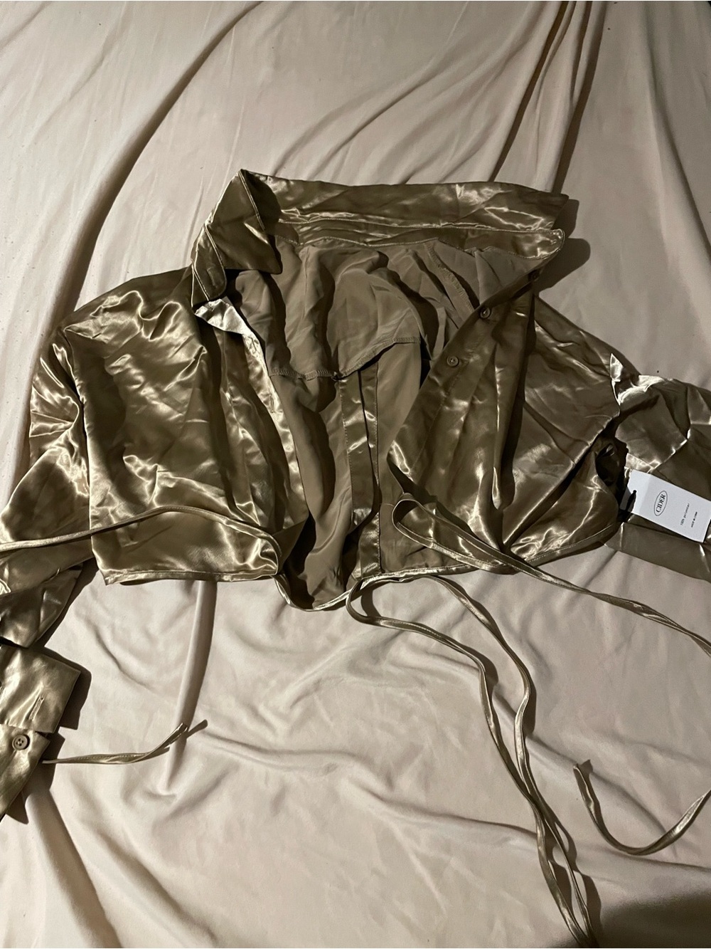 Cider Olive Satin Cropped Button-Down Tie Top
